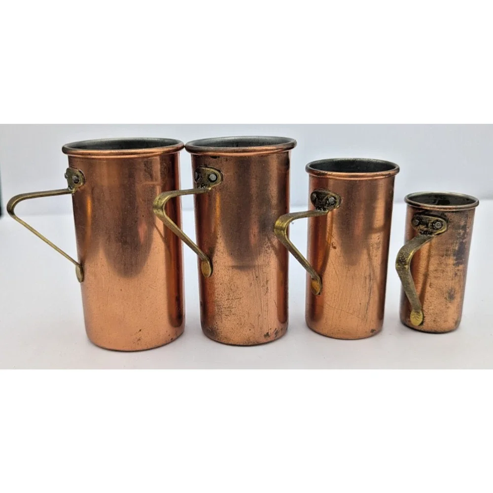 Vintage Copper Measuring Cups with Handles Set of 4 Rustic Farmhouse Kitchen